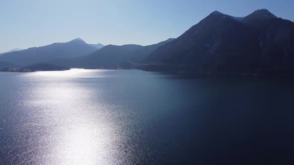 Aerial view of the lake Walchen in Bavaria, Germany.