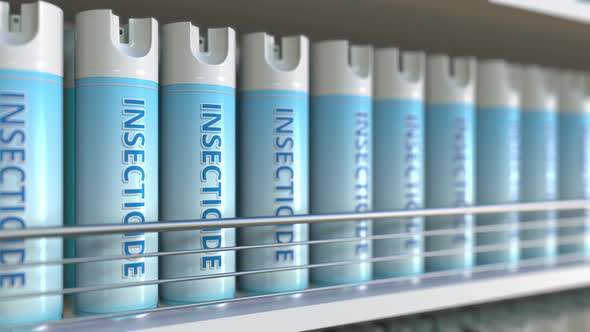 Household Insecticide Spray Cans on Shelf in a Supermarket alt