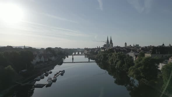Aerial flight over the old town of Regensburg alt