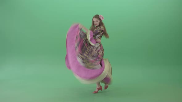 Tzigane Romana Gypsy Girl Waving Pink Dress Dancing Isolated In Green Screen Studio
