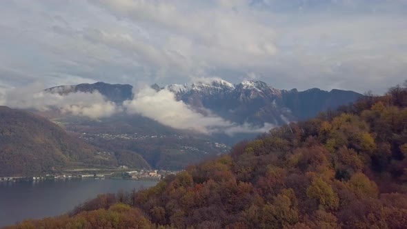 Aerial View of Lake Lugano Switzerland Cloudy Autumn alt