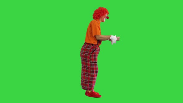 Happy Clown Holding a Box with a Gift on a Green Screen Chroma Key alt