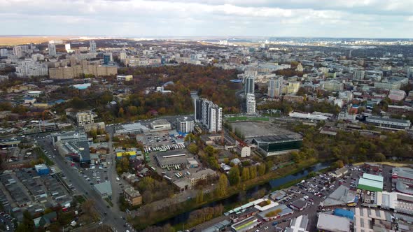 Aerial autumn city center, park in Kharkiv Ukraine