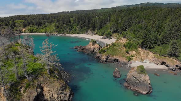 4K Aerial Humboldt Redwood Forest near Pacific Ocean as Gentle Waves Roll In