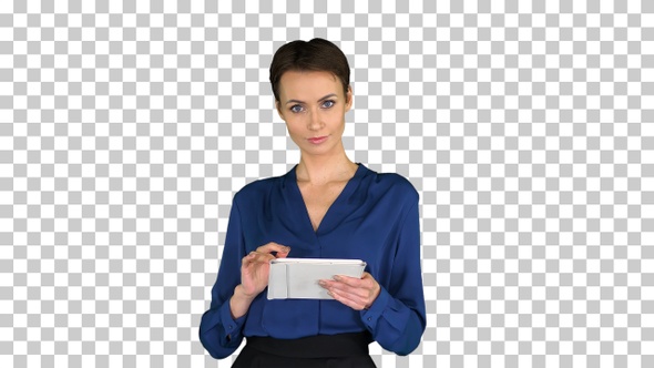 Businesswoman isolated swiping the tablet, Alpha Channel alt
