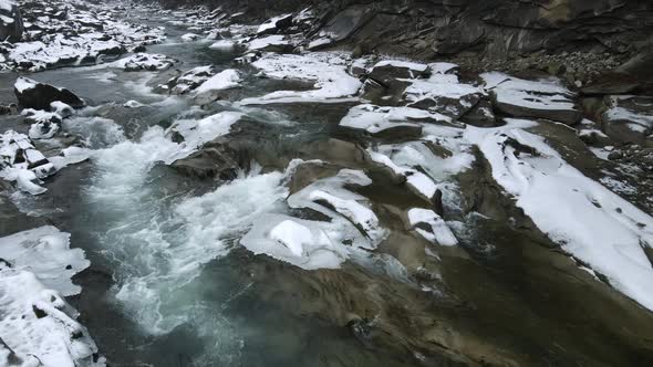 Aerial View Mountain River In The Carpathians In Winter Ukraine alt