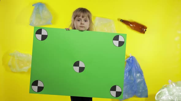 Girl Activist Holding Chroma Key Poster with Tracking Points. Environment Trash Plastic Pollution alt