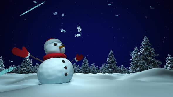 Christmas, New Year's snowman stands in the forest and snowflakes are falling.