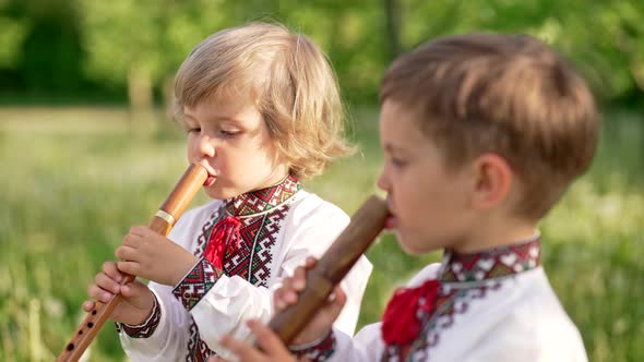 Little Brothers Boys Playing on Woodwind Wooden Flute  Ukrainian Sopilka Outdoors alt