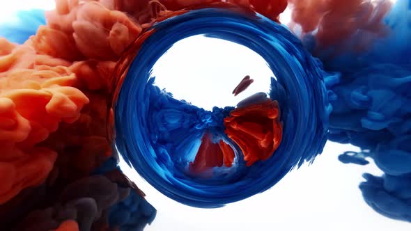 Blue Orange Acrylic Paint Mix. Abstract Smoke Circle. White Background alt