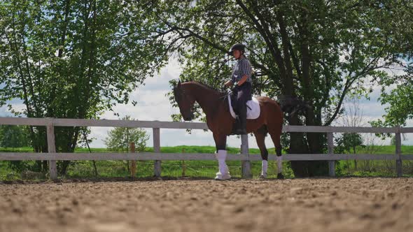 Female Jockey On The Back Of Her Bay Horse  The Horse Moving And Raising Dust alt