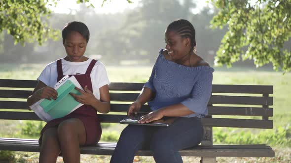 Two Confident Intelligent African American Women Sitting on Bench in Summer Park with Laptop Tablet alt