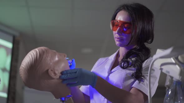 Concentrated Young Brunette Woman Using Curing Lights on Dental Mannequin, Portrait alt