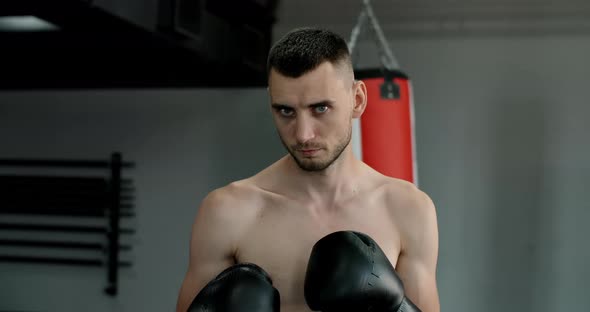 Portrait of the Kickboxer Standing in the Fighting Stance MMA Fighter is at the Training 60p Prores alt