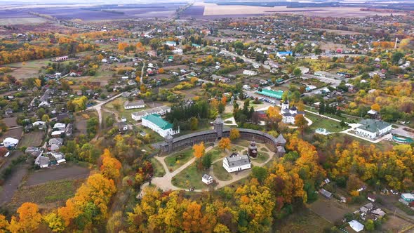Aerial Panoramic View of Ukraine Wooden Fortress in Baturyn at Autumn
