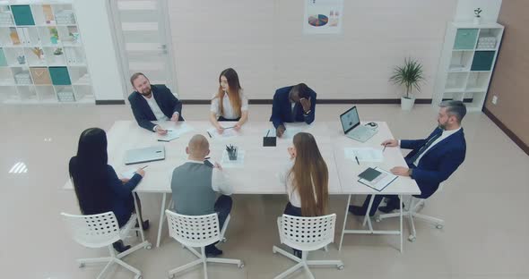 Workplace Company Businessmen. Modern Meeting Room. Aerial View. alt