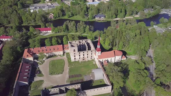 Beautiful Aerial Shot of the Medieval Castle in Poltsamaa Estonia