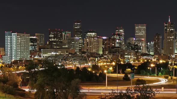 Downtown Denver at Night. Long Exposure Timelapse alt