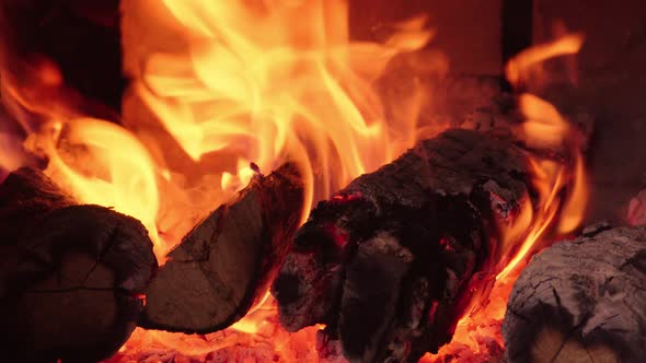 Firewood in oven and fireplace wood. Burning fire, firewood in ...