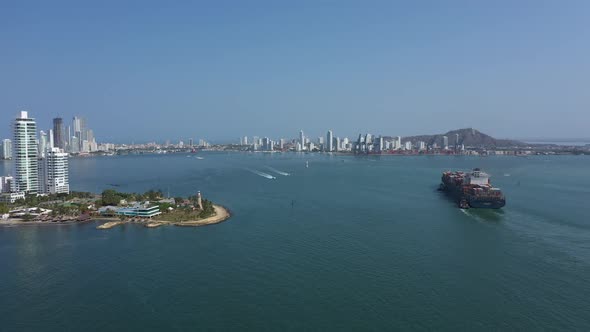 Cargo Ship Enters the Port in Cartagena Colombia Aerial View