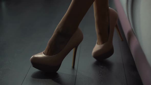 Close-Up of Gorgeous Female Feet in Stunning High Heels, Tender Leg Movements alt