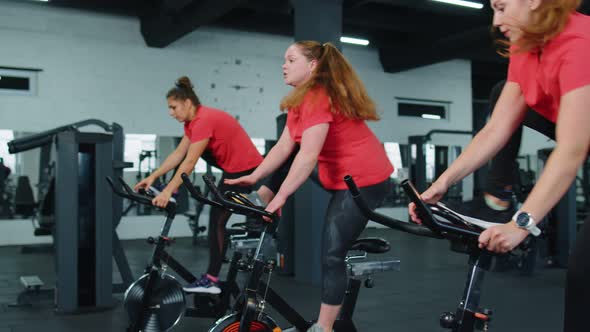 Healthy Caucasian Group of Women Exercising Workout on Stationary Cycling Machine Bike in Gym alt