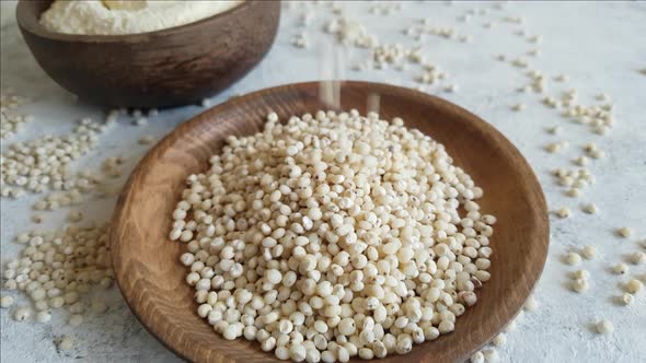 Raw White Sorghum grain in a bowl close up alt