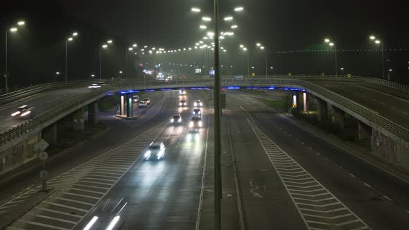 Night Traffic On A Big Road With A Bridge, Time Lapse, Cars, Traffic