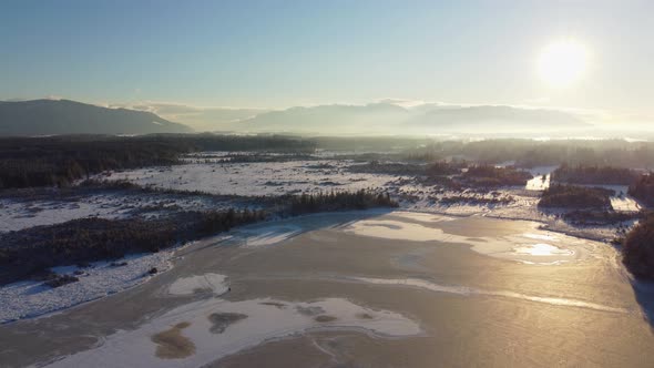 Aerial shot of a frozen mountain lake on a sunny winter day