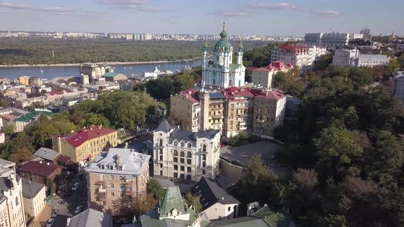 Aerial View To St Andrew Church, Podil and River Dnipro in Kiev