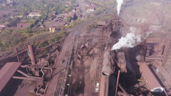 Aerial video. Steel Mill Metallurgical Plant. Blast Furnaces