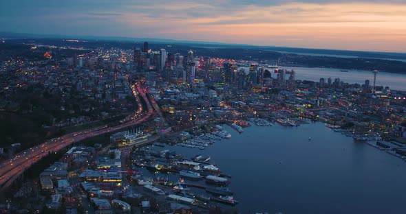 Seattle South Lake Union Aerial Perspective Above Urban City Skyline Dramatic Sky alt