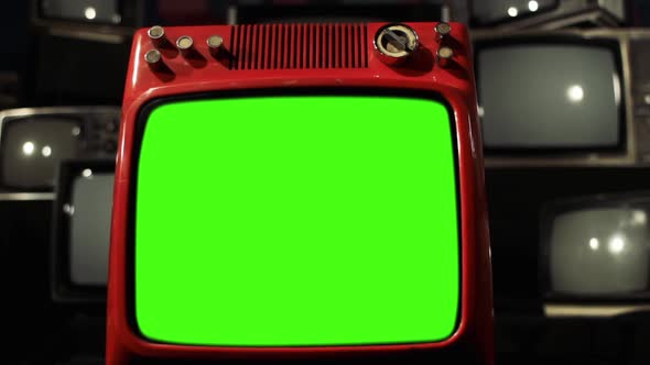 Old TV Set turning On and Off Green Screen with Color Bars and Noise. alt