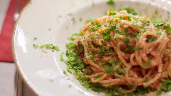 Closeup of the spaghetti pasta with parsley and cheese