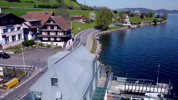 the road at swiss lake from drone view alt