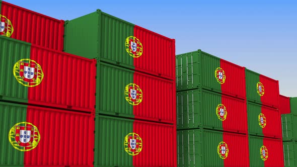 Container Yard Full of Containers with Flag of Portugal alt