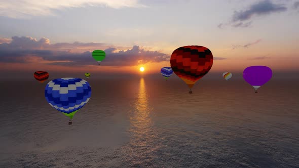 Hot Air Balloon Over The Sea At Sunset