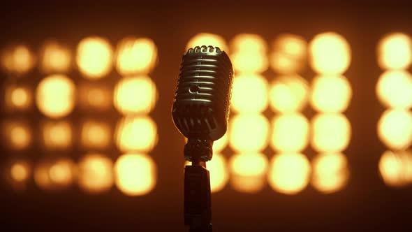 Retro Mic Placed Empty Scene Illuminated Lamps Close Up alt