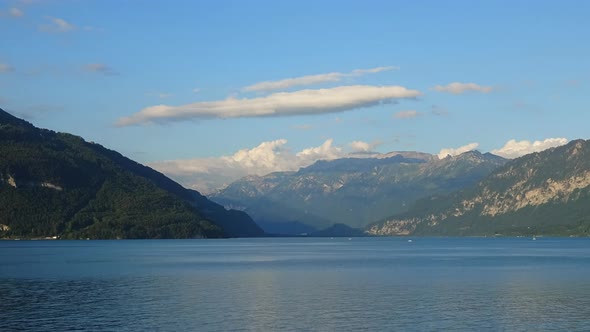 Time lapse view lake Thun and mountains of Swiss Alps in city Spiez, Switzerland