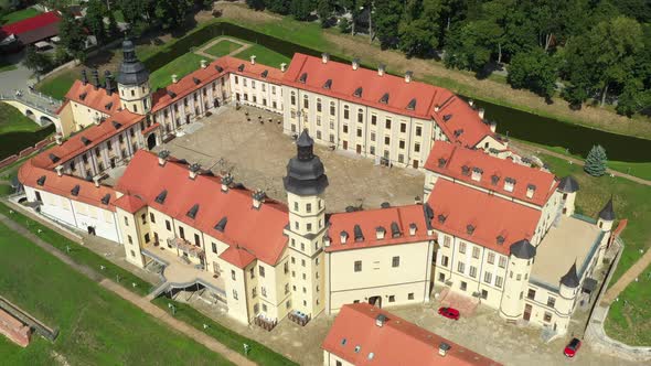 Top View of the Nesvizh Castle and the Park on a Summer Day