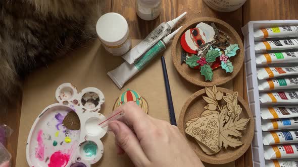 Fluffy Cat on Wooden Table Watches Women's Hands Mix Acrylic Paint