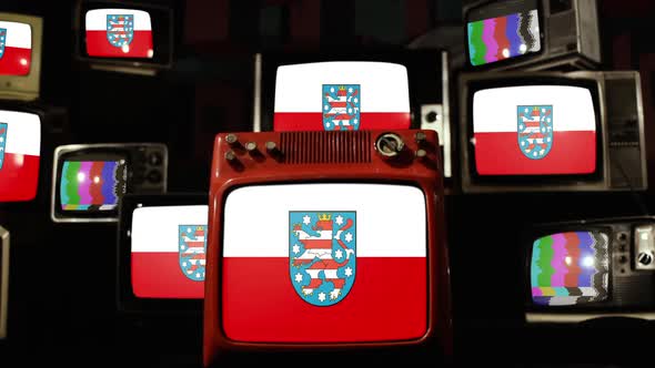 Flag of Free State of Thuringia, Central Germany, on Retro TVs.