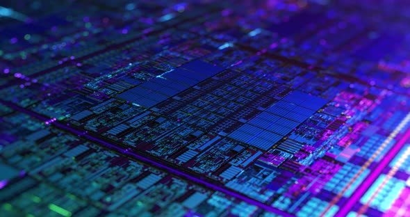 Digital Futuristic Chip, microchip processor with neon lights. 