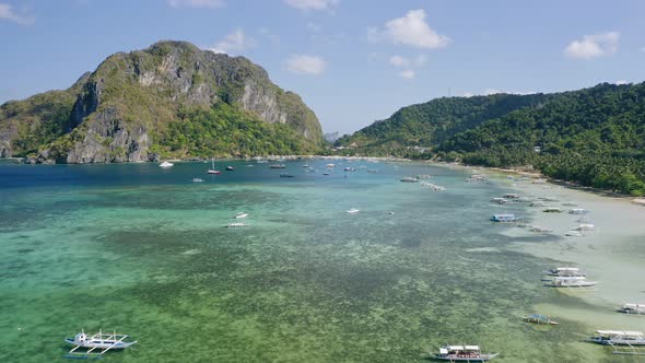Corong Corong Beach El Nido Palawan Island Philippines Aerial Drone View of Boats Anchored in the alt