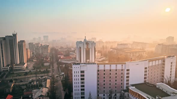 Aerial drone view of Chisinau downtown. Panorama view of multiple buildings, Parliament, Presidency, alt