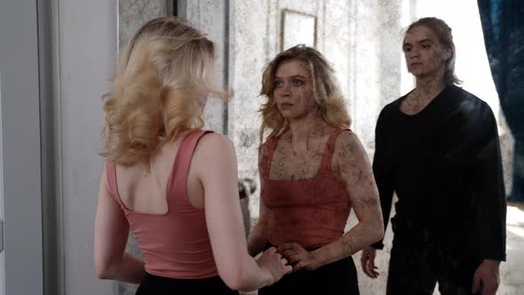 Two Young Dancers are Dancing in Front of Old Dirty Mirror Dramatic Dance Performance alt