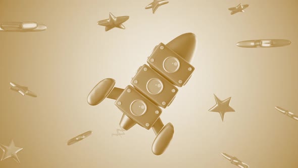 3d Cartoon Toy Rocket Between Stars Yellow Kids Background