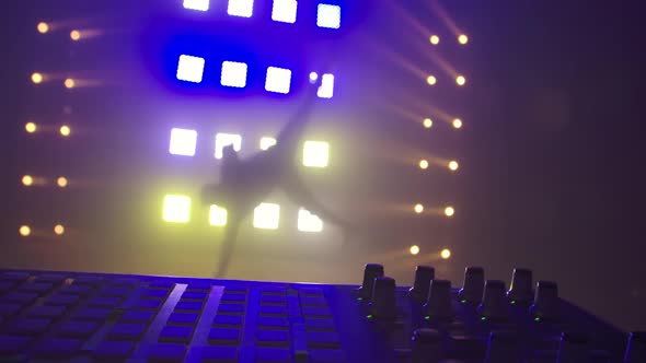 Breakdance Concept. Trendy Young Man Dancing Single in Club, Neon Light, Lots of Smoke. Fashion alt