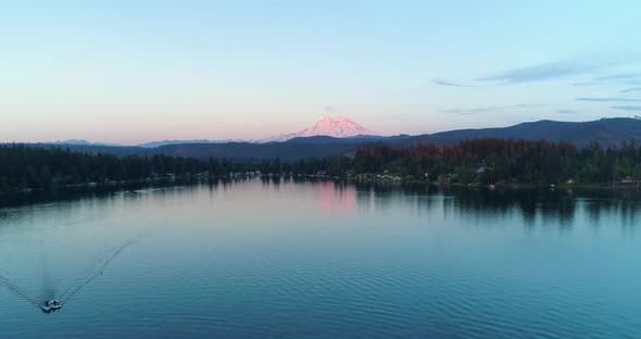 Mount Rainier Clear Lake View Flying By Boat Reflection Sunset Red Glow Drone Aerial alt