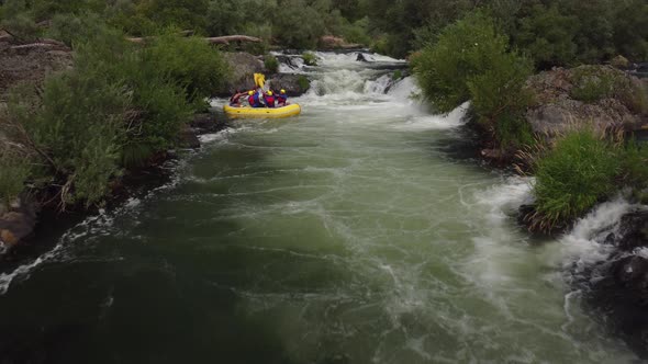 Aerial shot of people white water rafting on Rouge River, Oregon